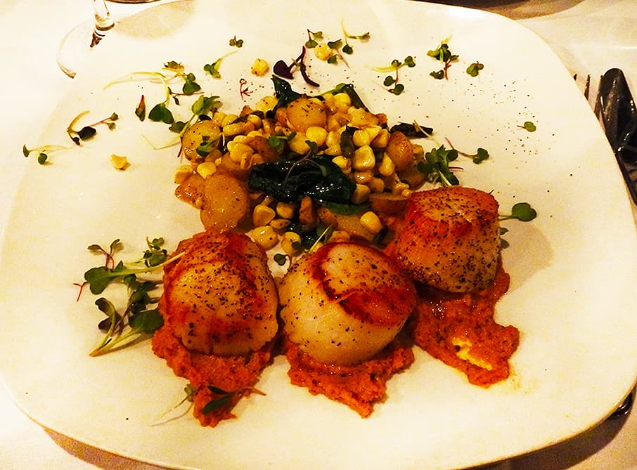 Maine Diver Scallops with pancetta corn hash and romesco sauce at Joy Bistro, Boone, NC