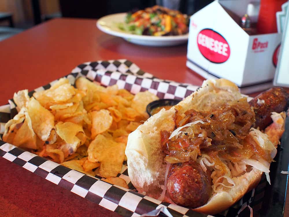 Beer History, a Genny and a Bratwurst at Genesee Brew House Rochester NY - Honey Brown Bratwurst