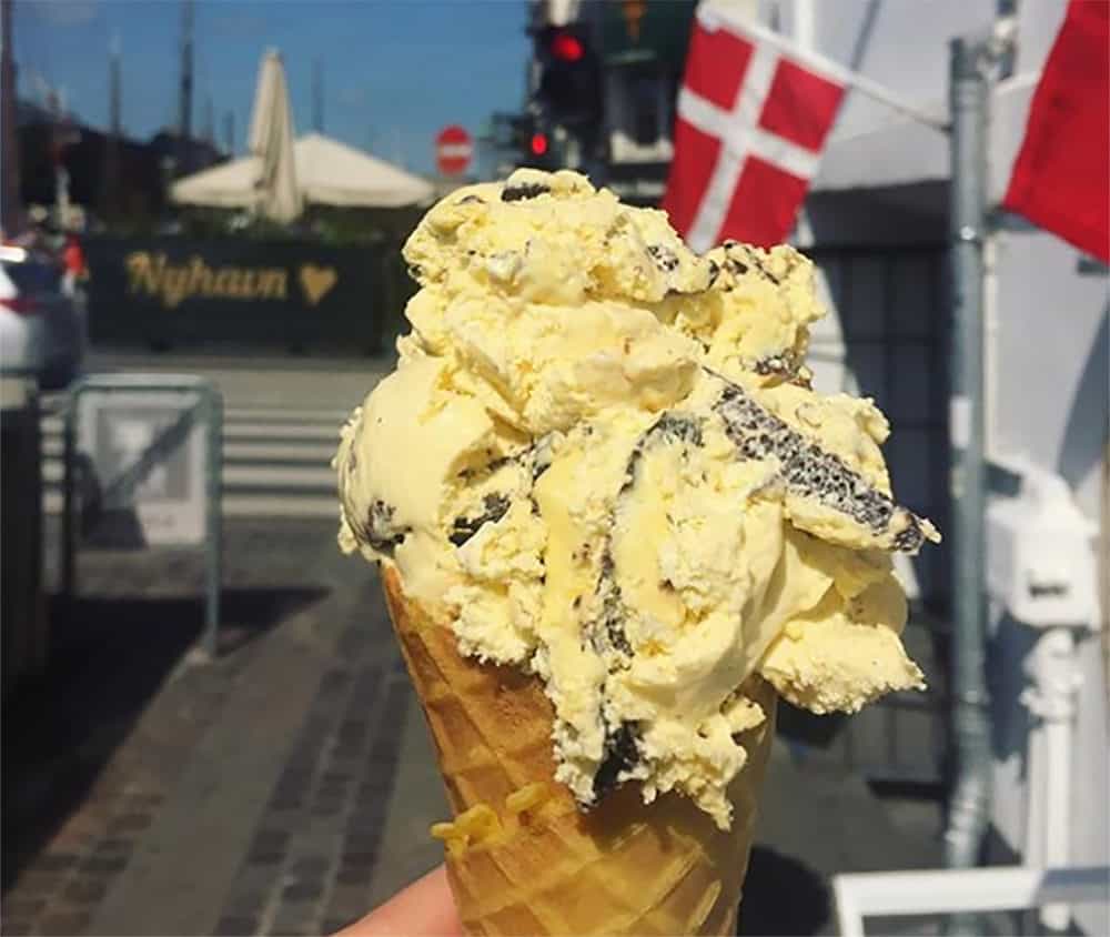 Banana chocolate chip ice cream waffle cone at Vaffelbageren, in Nyhavn, Copenhagen, Denmark