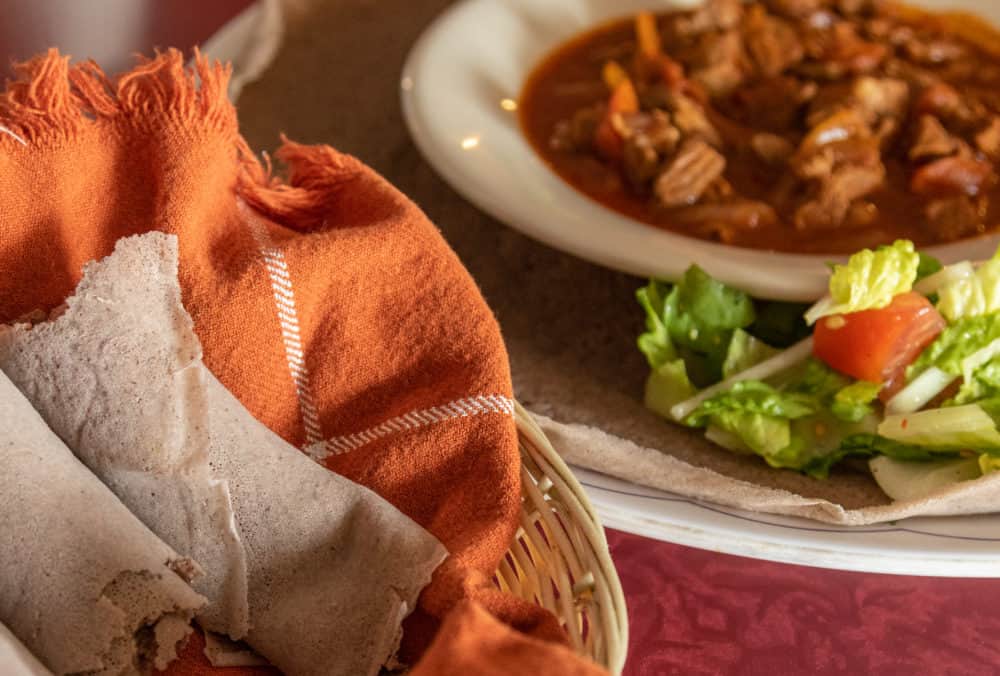 Injera lamb at Abyssinia restaurant in Anaheim, California.