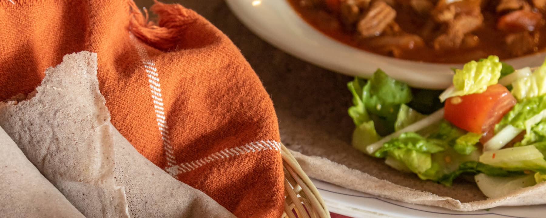 Injera lamb at Abyssinia restaurant in Anaheim, California.