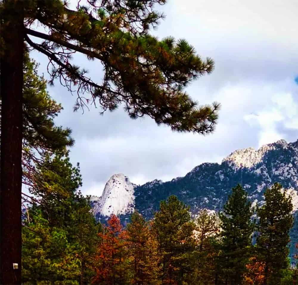 The view from the deck of The Gastrognome, the San Jacinto Mountains with Tahquitz Peak and the white dome of Lily Rock jutting out to lord it over the village of Idyllwild, California