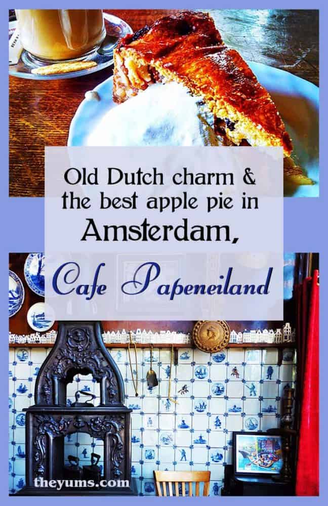 Pin this image of the Cafe Papeneiland, one of the oldest brown cafes in Amsterdam, with some of the best Dutch apple pie in town.