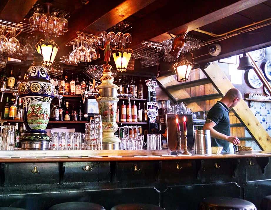 The antique bar at Cafe Papeneiland, in Amsterdam, complete with its antique ceramic beer taps.