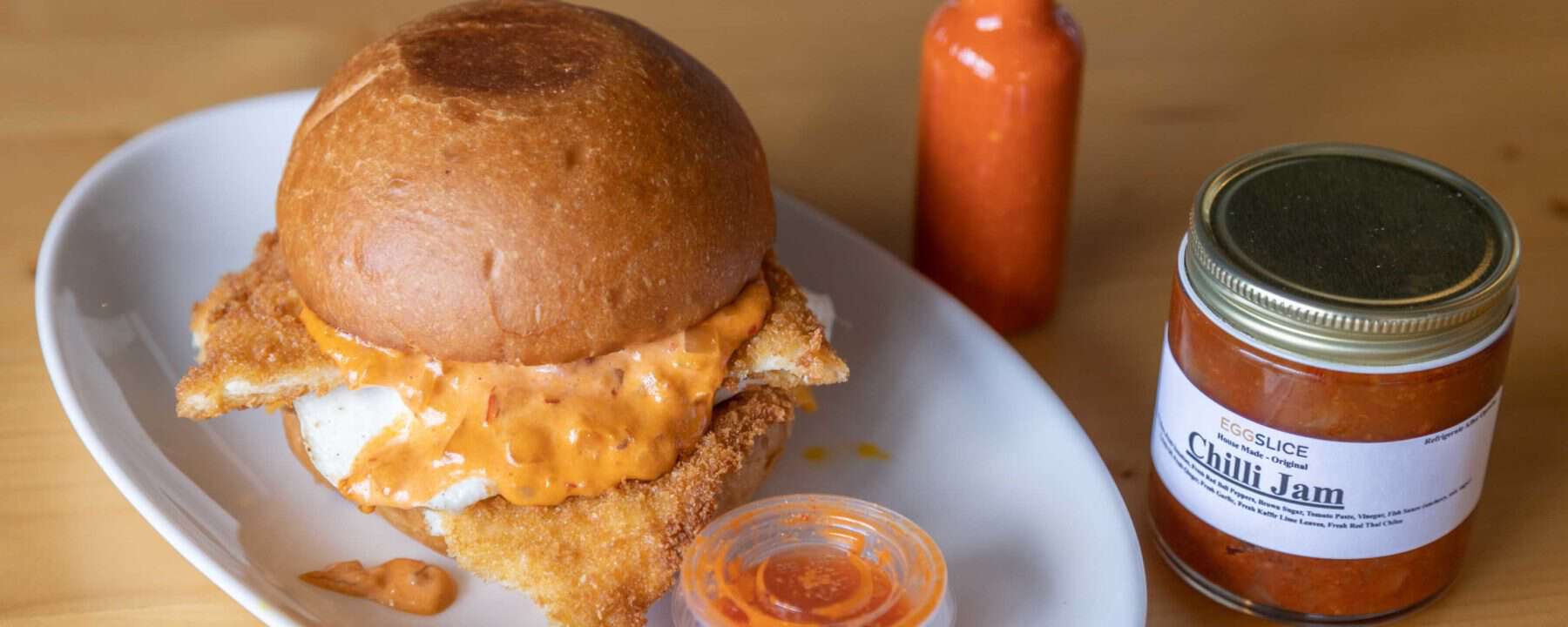 Pop-up Eggslice Chicken Katsu Chili Jam and Siracha