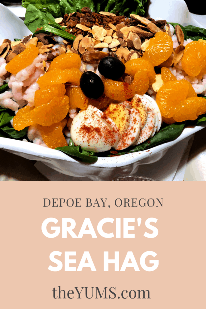 A shrimp salad with hardboiled eggs and oranges at Gracies Sea Hag restaurant in Depoe Bay Oregon