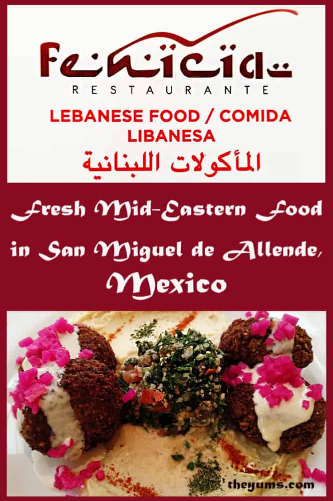 Pin image for Fenicia Restaurant in San Miguel de Allende, Mexico, showing a plate of falafels topped with bright pink chopped onion and tabbouleh on a bed of hummus.