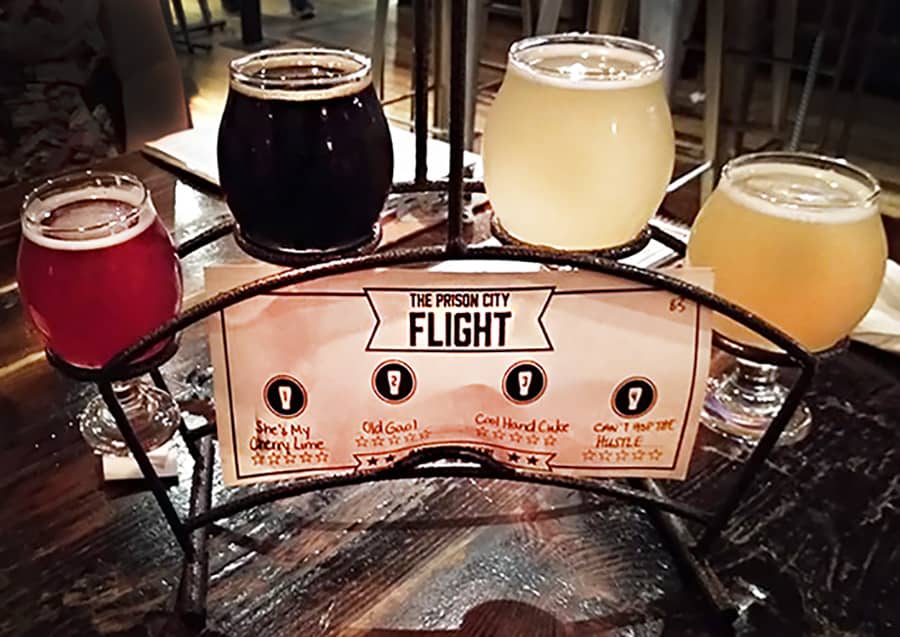 A flight of four beers at Prison City Brewery and Pub, in Auburn, New York. You can pick 5-ounce pours of any four beers you want to try.