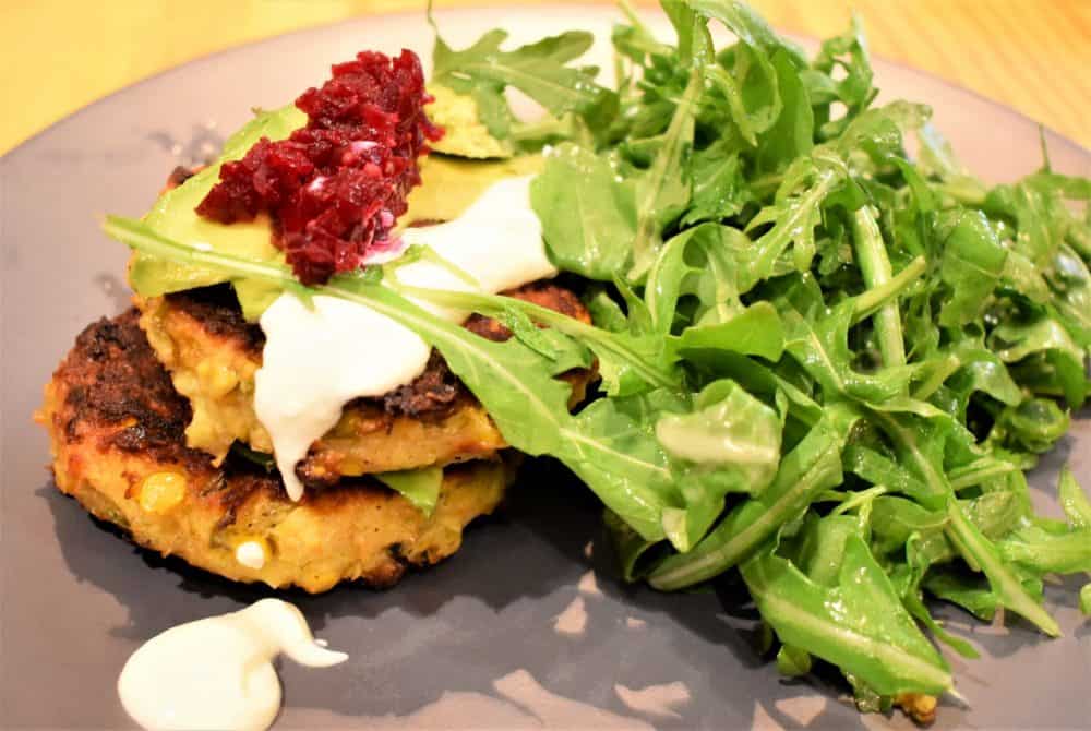 Corn cakes served at CafeCafé Patachou in Carmel, Indiana