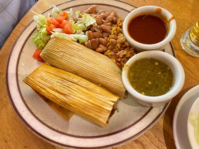 tamales and beans at the shed restaurant in santa fe, new mexico