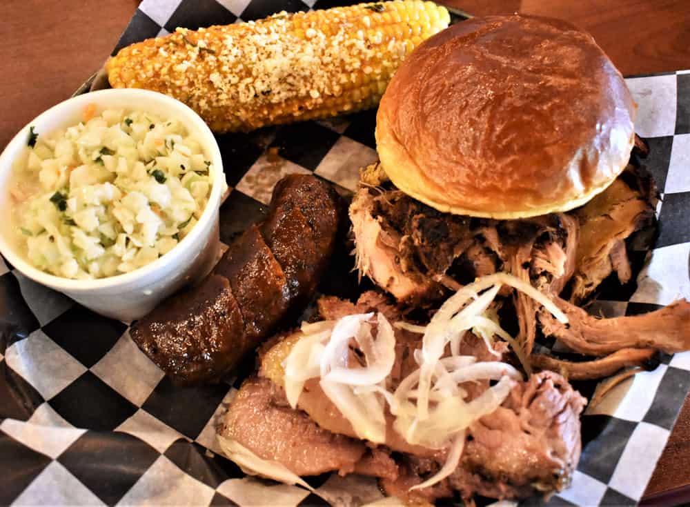 BBQ Combo Plate with Street Corn from Rusted Silo Southern BBQ & Brew House in Lizton, Indiana